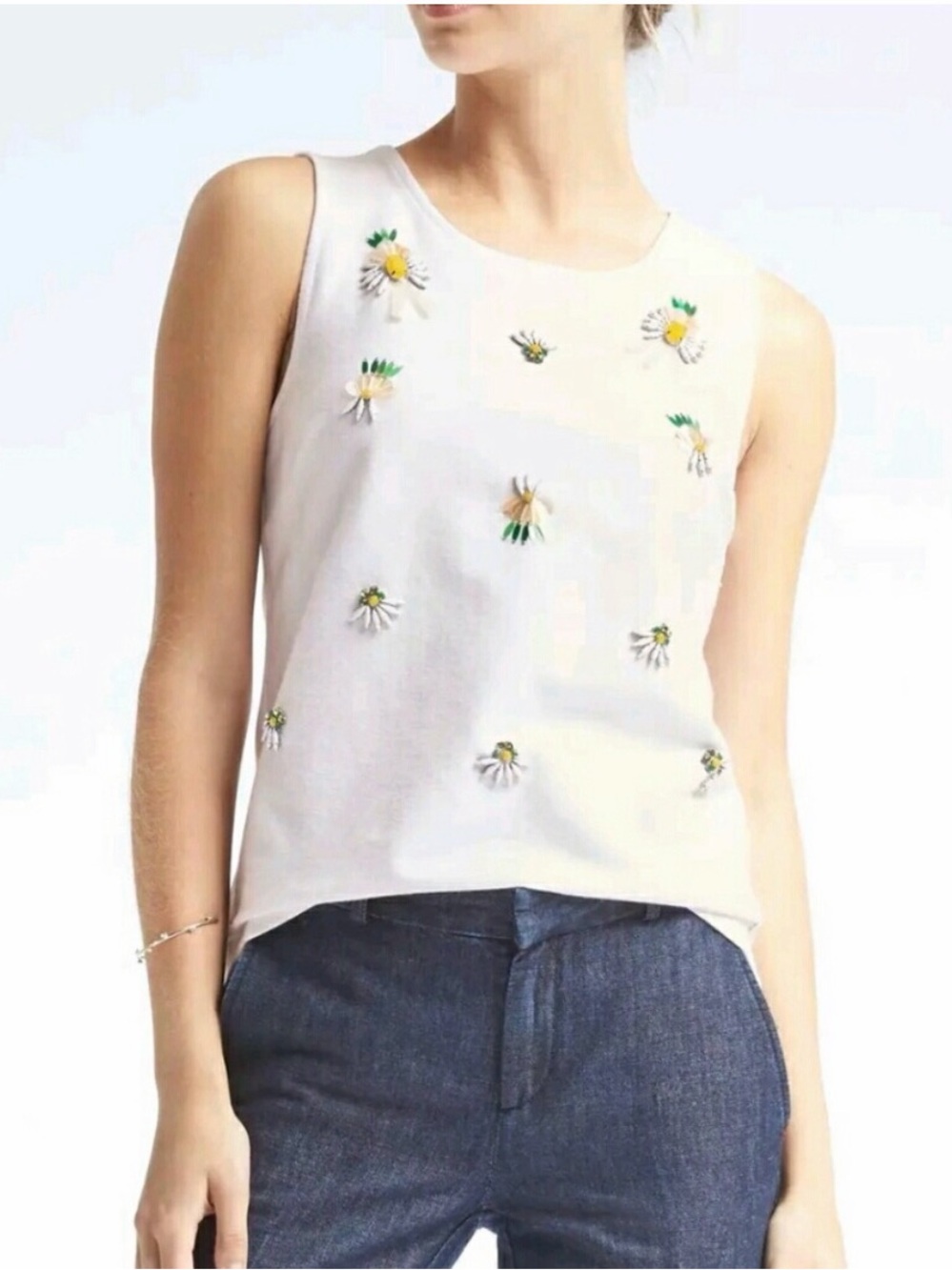 NWT Banana Republic Beaded Sequin Pineapple Button Back White Tank